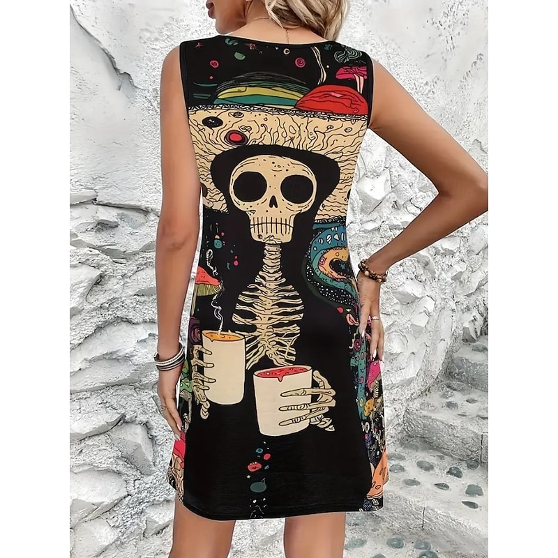 Halloween skeleton Women's Skulls Print Mini Dress A Line Dress Summer Dress Off The Shoulder Dress Vacation Casual Daily Loose Fit Floral Graphic Sleeveless U Neck White Summer Spring2