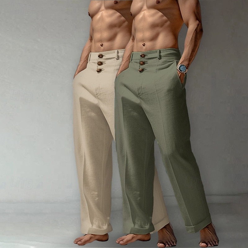 Men's Linen Pants Trousers Summer Pants Baggy Pants Beach Pants Front Pocket Straight Leg Multi-pack Plain Comfort Breathable Full Length Casual Daily Holiday Vacation Fashion White+Khaki Khaki+Black2