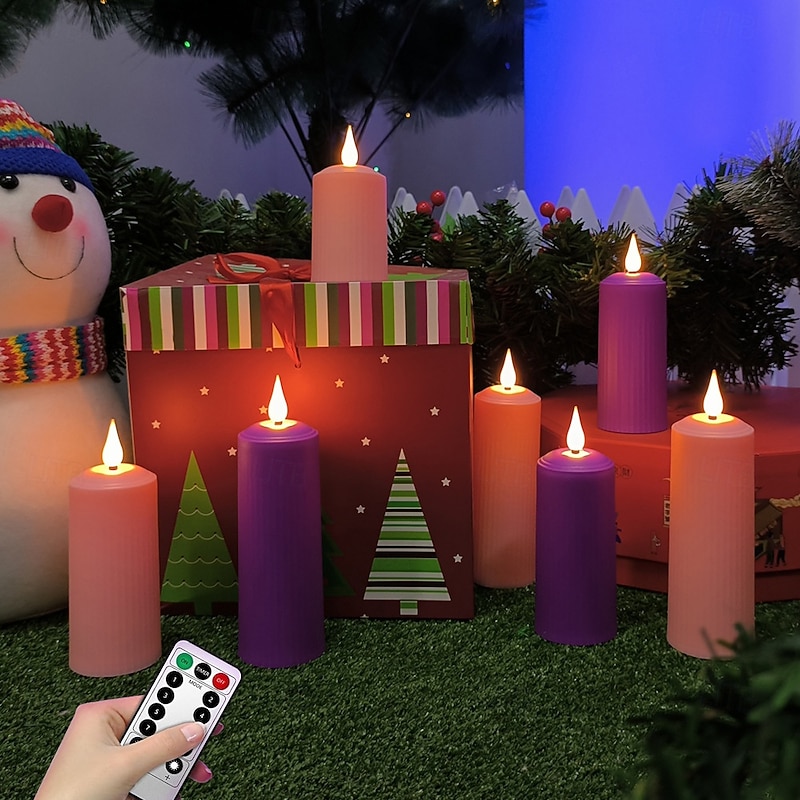 3/4/6/9 Pcs Halloween Christmas cylindrical charging electronic candle light remote control timing indoor and outdoor courtyard wedding party atmosphere decoration light purple pink2