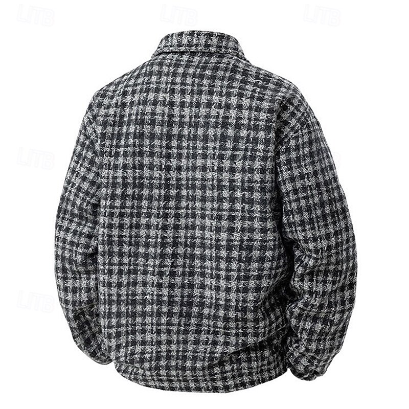 Men's Lightweight Jacket Casual Jacket Vacation Daily Warm Pocket Fall Winter Plaid Fashion Classic Lapel Regular Black Khaki Gray Jacket2