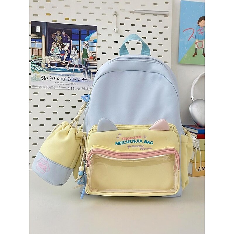 Kid's Kawaii Cat Ear Backpack with Drawstring Pouch – Large Capacity Pastel School Bag for Girls and Teens2