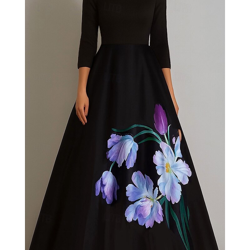 Black Ball Gown A-Line Evening Gown Stretch Crepe Top Elegant Floral Print Skirt Satin Formal Wedding Floor Length 3/4 Length Sleeve Boat Neck2