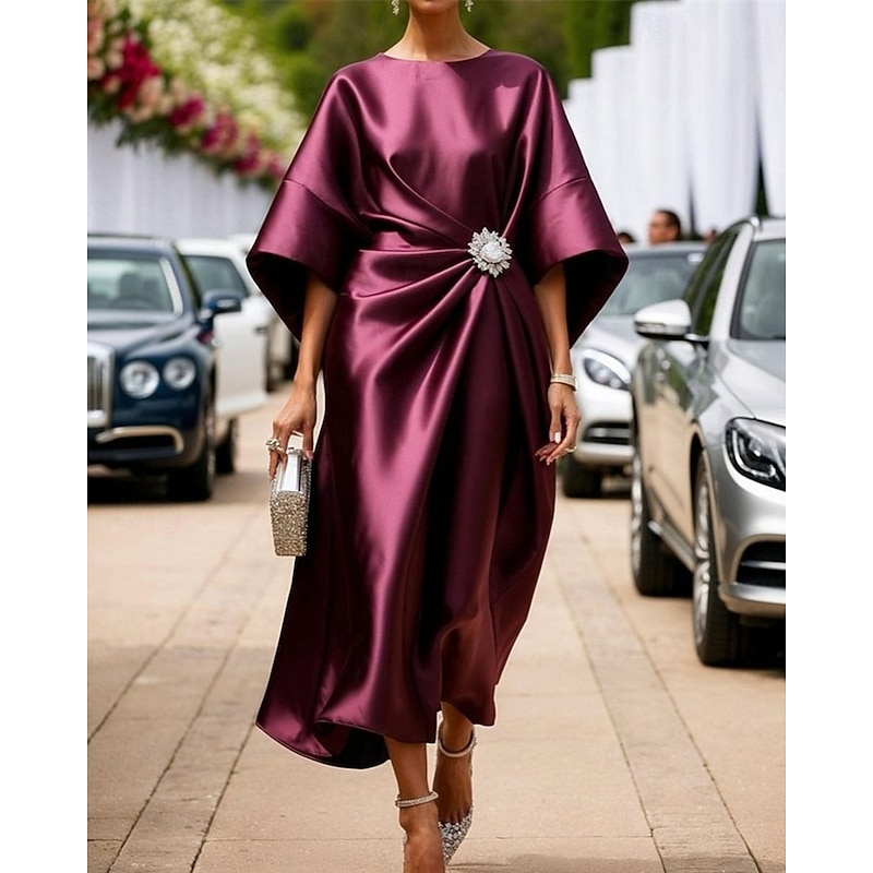 Women's Midi Dress Satin Dress Semi Formal Dress Elegant Fashion Modern Daily Date Weekend Regular Fit Plain Half Sleeve Crew Neck Pink Wine Navy Blue Green Spring Fall4