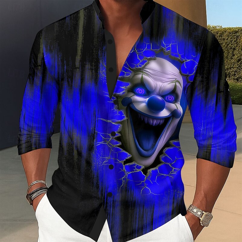 Men's Creepy Clown Joker Clown Shirt Stand Collar Shirt Long Sleeve Dark Punk Gothic Style Holiday Spring Fall Mandarin Collar Band Collar 3D Print Button Up Shirts Blue Orange Green4