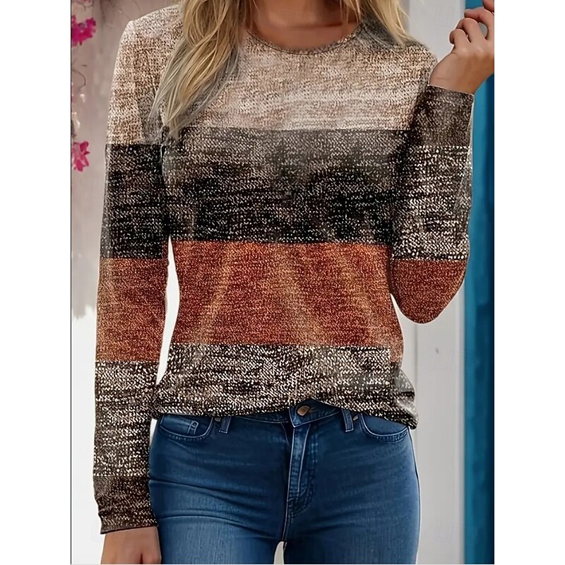 Easter Women's T shirt Crew Neck Long Sleeve Tunic Graphic Plaid Vintage Stylish Classic  Round Neck Regular Tops Daily Print Pink Red Brown Fall2