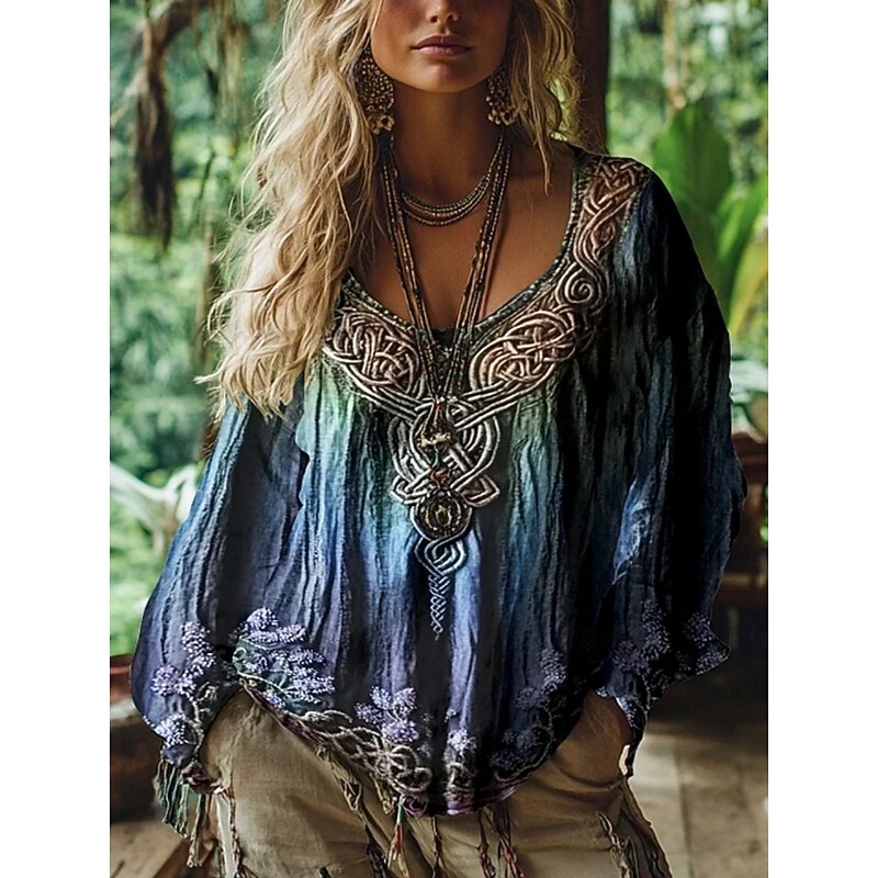 Women's Blouse Graphic Vintage Daily Casual  Long Sleeve V Neck Regular Tops Tribal Tree Of Life Vintage Designer Basic Print Vacation Street Going out Daily Holiday Print Blue Summer Spring Fall