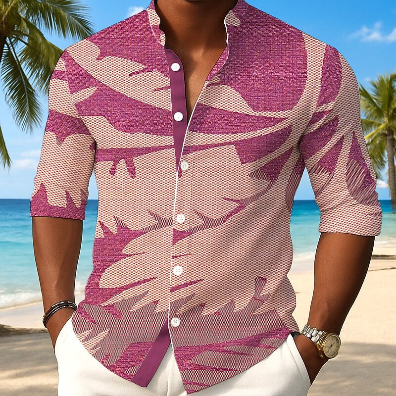 Men's Plants Palm Leaf Shirt Button Up Shirt Stand Collar Shirt Long Sleeve Casual Outdoor Vacation Daily Spring Fall Mandarin Collar Band Collar 3D Print Linen Like Shirt Pink Blue Green3