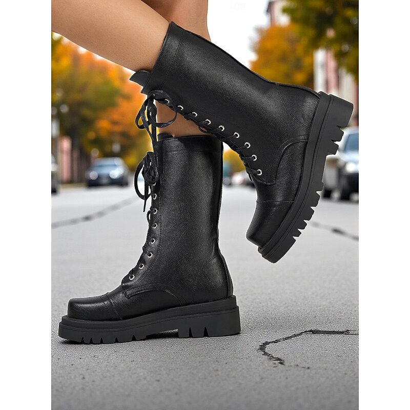 Women's Black Faux Leather Lace-Up Combat Boots – Chunky Sole Military Style Mid-Calf Boots for Fall and Winter Streetwear，Casual Outings, Urban Fashion3
