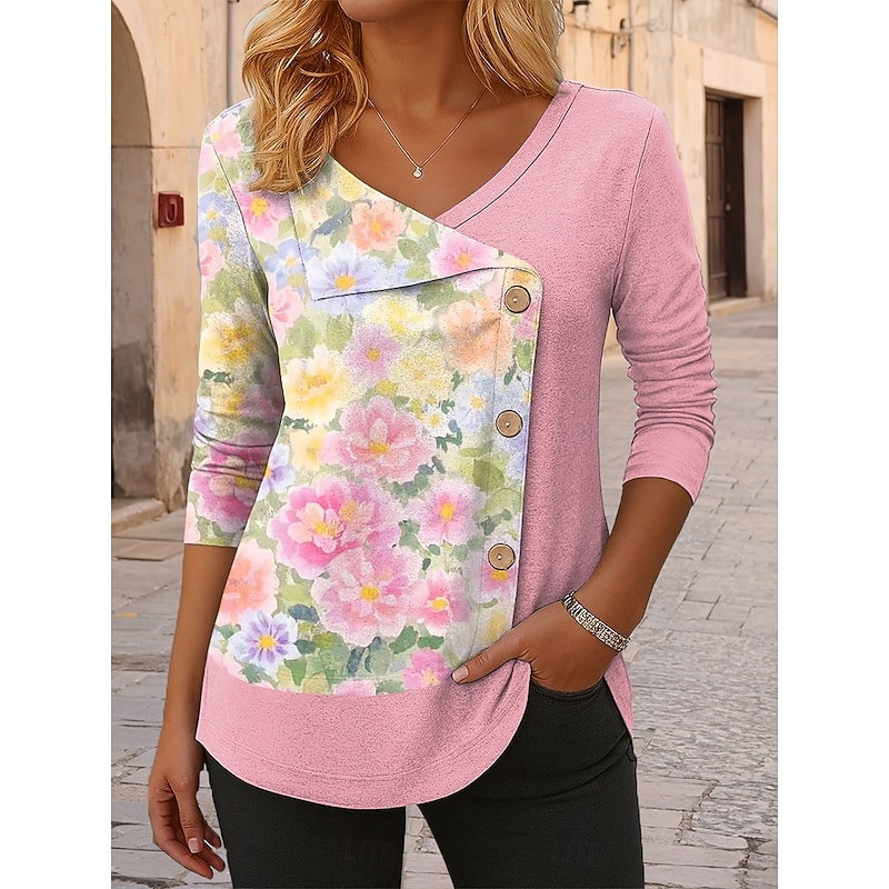 Women's Blouse Tunic V Neck Long Sleeve Buttons Floral Graphic Vintage Stylish Modern Regular Tops Daily Patchwork Print Pink Blue Purple Spring Fall Winter