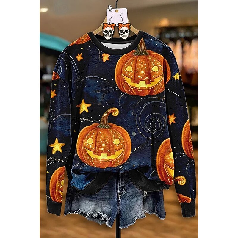 Halloween Women's Sweatshirts Pumpkin Graphic Skull Casual Long Sleeve Crew Neck Round Neck Regular Tops Street Dailywear Print Black Spring Fall Winter