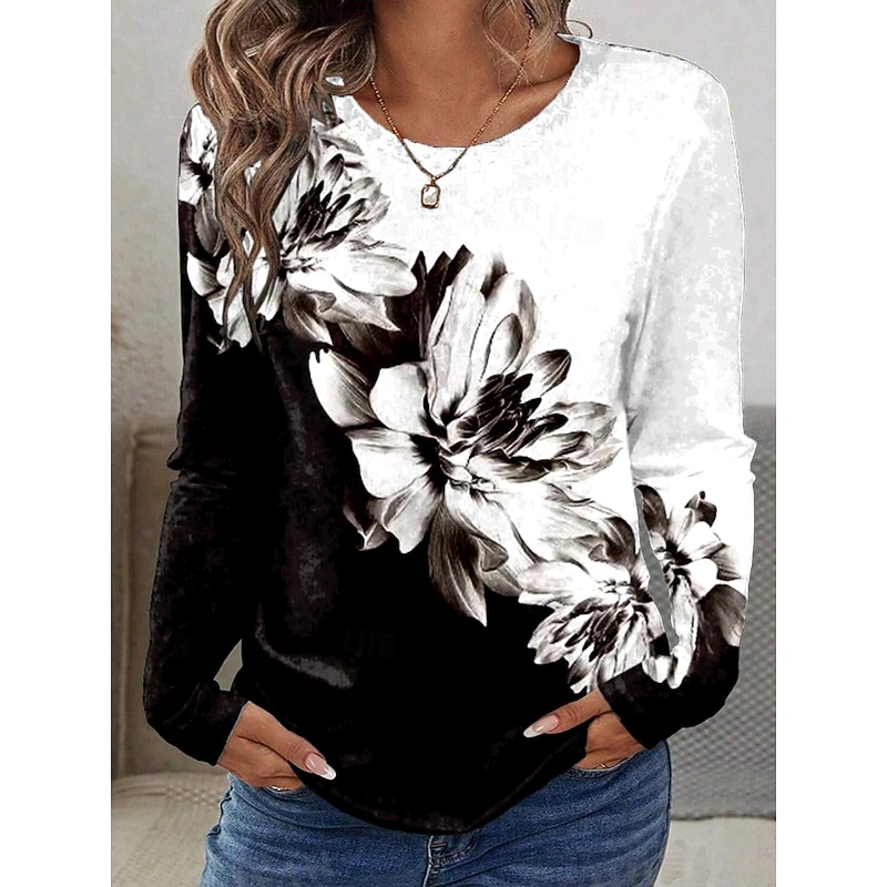 Women's T shirt Crew Neck Long Sleeve Tunic Floral Graphic Plants Vintage Stylish Classic  Round Neck Regular Tops Daily Print Black and White Fall
