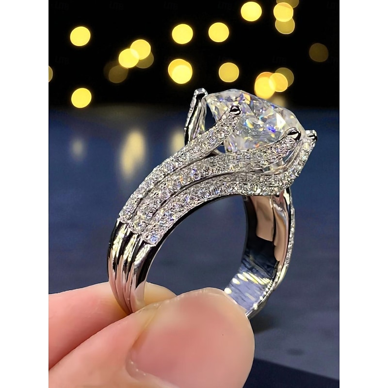 Women's Luxury Silver-Plated Ring with Large Round Cut Zircon and Pave Crystal Detailing - Elegant Statement Jewelry for Parties and Formal Occasions4