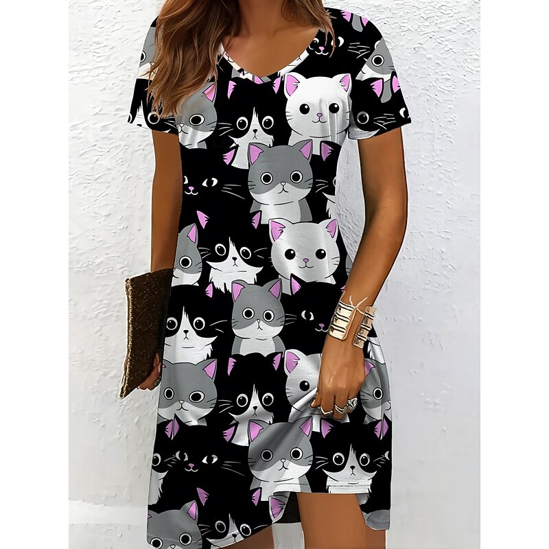 Women's Mini Dress Casual Dress T Shirt Dress Tee Dress A Line Dress Summer Dress Vacation Casual Holiday Regular Fit Graphic Animal Cat Short Sleeve Crew Neck V Neck Black And White Yellow Pink Blue