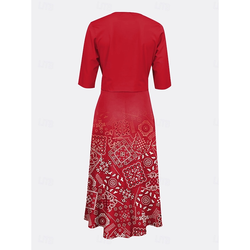 Women's Two Piece Dress Sets Midi Dress with Jacket Elegant A Line Dress Half Sleeve Casual Semi Formal Ombre Geometric Print V Neck Date Light Green Red Blue Regular Fit2