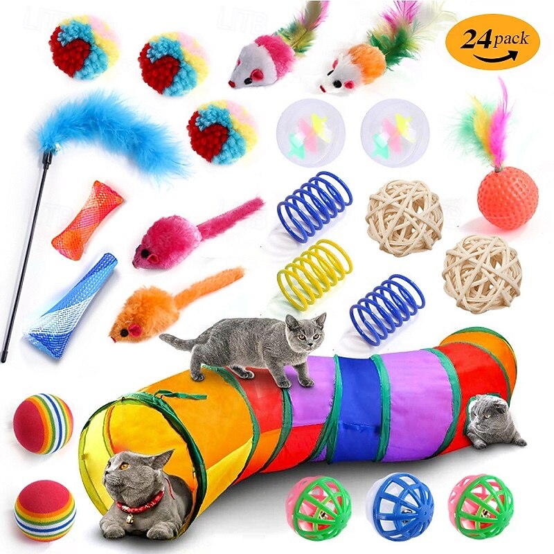 Ball Feather Toy Mice & Animal Toy Tunnels Squeak Toy with Removable Retractable Pet Exercise Releasing Pressure Teething Toy for Cat Indoor Outdoor Pet Play4