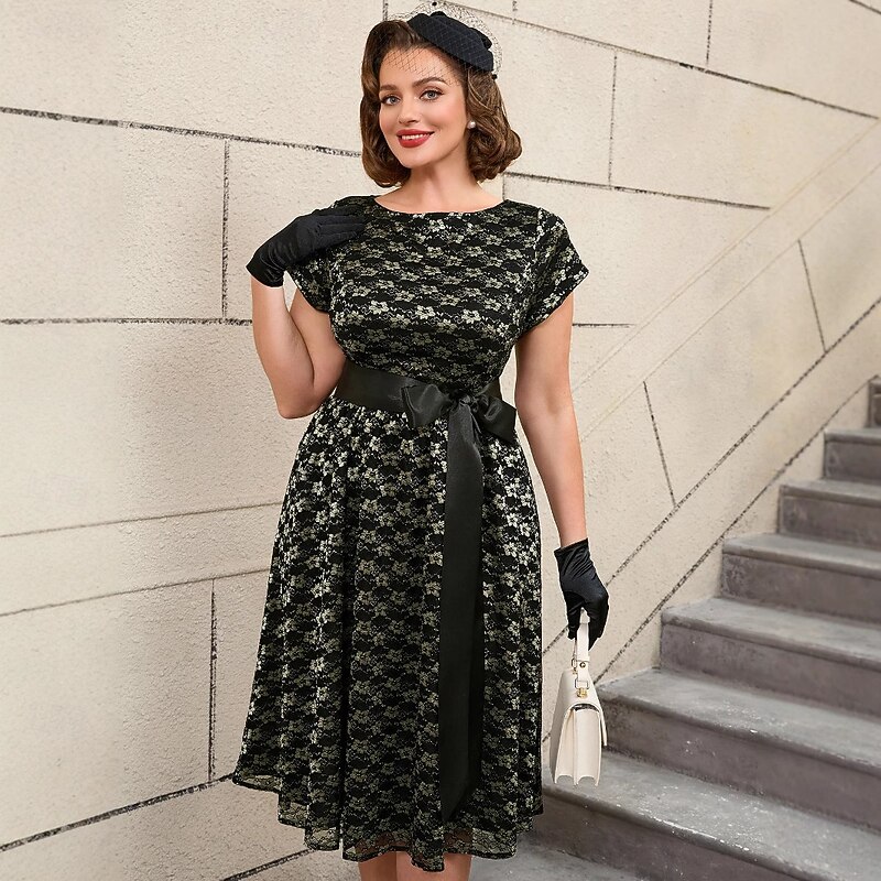 Retro Vintage 1950s Rockabilly Cocktail Dress A Line Dress Flare Dress Plus Size Floral A-Line Round Neck Fancy Dress Women's Vacation Party & Evening Retro Theme Party Adults Dress Spring & Summer4