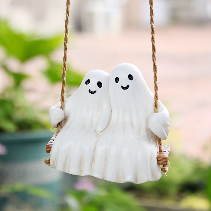 Halloween Swinging Cute Ghost Decoration Couple Statue Pendant Cute White Resin Ornament Suitable for Balcony, Entrance, Living Room, Patio, Garden Decoration2