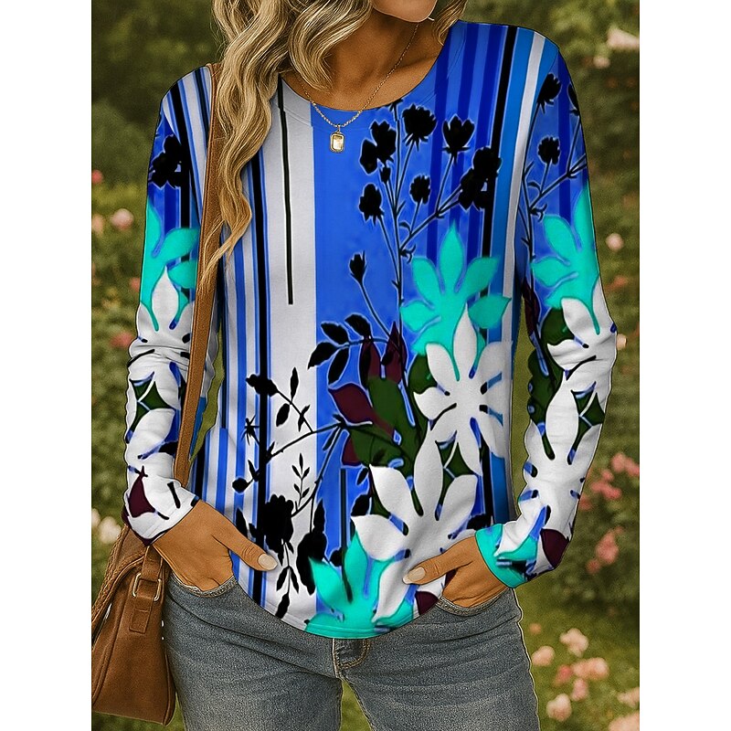 Women's T shirt Crew Neck Long Sleeve Tunic Floral Graphic Geometric Vintage Stylish Classic  Round Neck Regular Tops Daily Print Yellow Red Blue Purple Orange Fall4