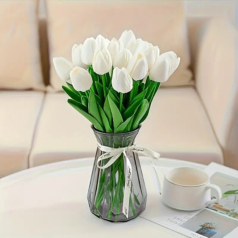 10pcs Realistic White Tulip Artificial Flowers with Lush Green Leaves – Durable PU Material for Weddings, Engagements, and Home Decor – Battery-Free Wedding Floral Arrangement4