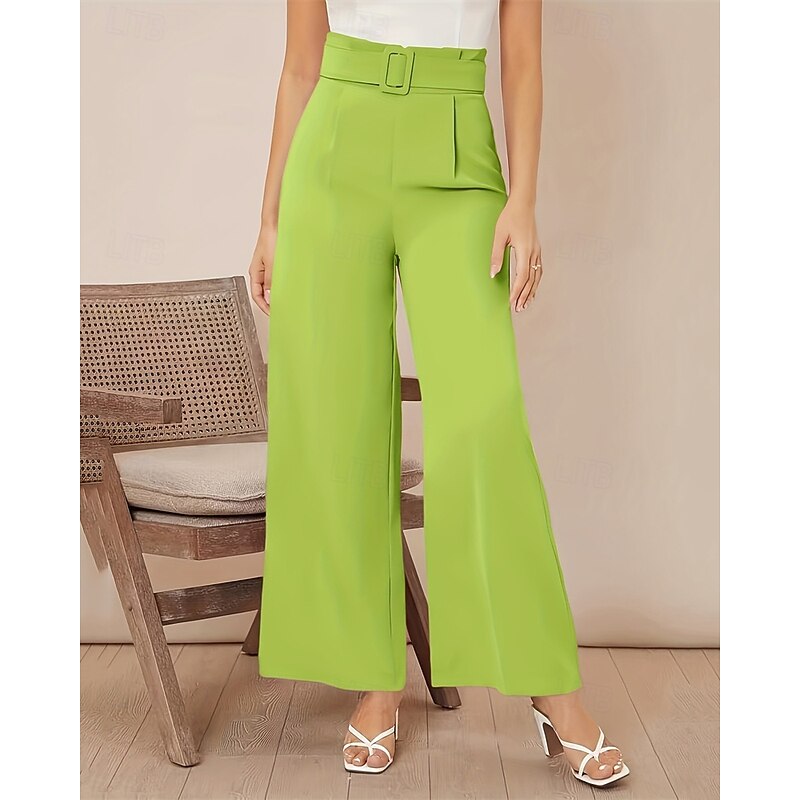 Women's Dress Pants Wide Leg Pants Trousers Fashion Streetwear Full Length High Waist Plain Breathability Comfortable Micro-elastic Business Daily Wear Dark Brown Black Light Green Pink Summer Spring3