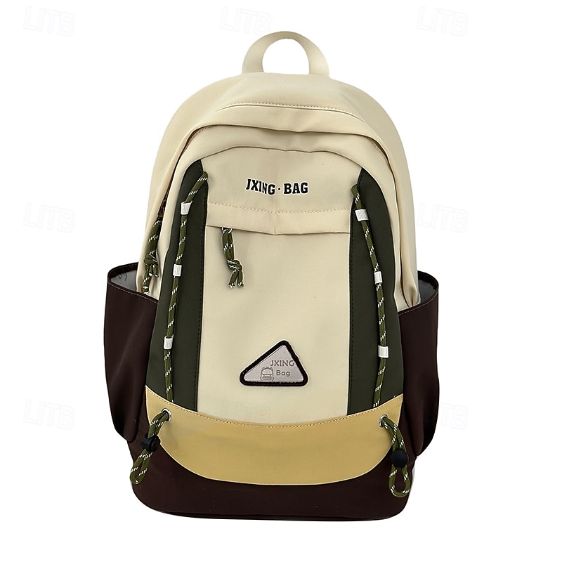 Retro Color Block School Backpack – Unisex Canvas Bookbag with Drawstring Design for Teens, Travel, and Back to School4