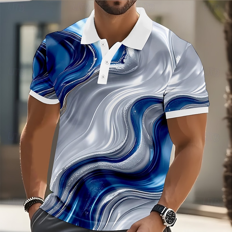 Men's Abstract Marble Polo Short Sleeve Polo Shirts Collared Shirts Casual Outdoor Athleisure Daily Wear 3D Print Buttons Summer White Blue Light Blue