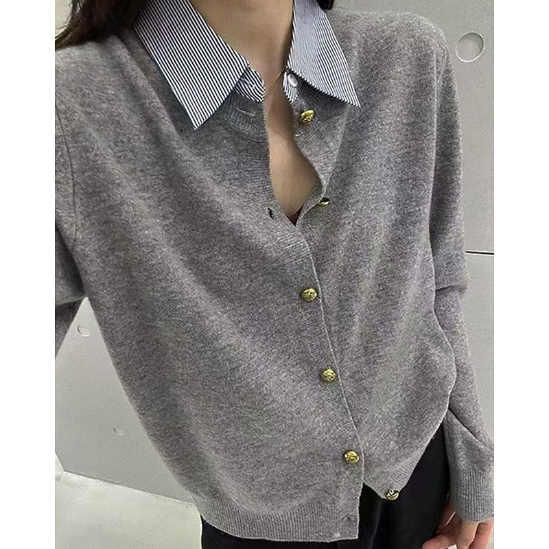 Women's Sweater Cardigan Fashion Streetwear Daily Solid Color Ribbed Shirt Collar Knitted Long Sleeve Regular Tops Knit Holiday Going out Weekend Black Beige Fall Winter