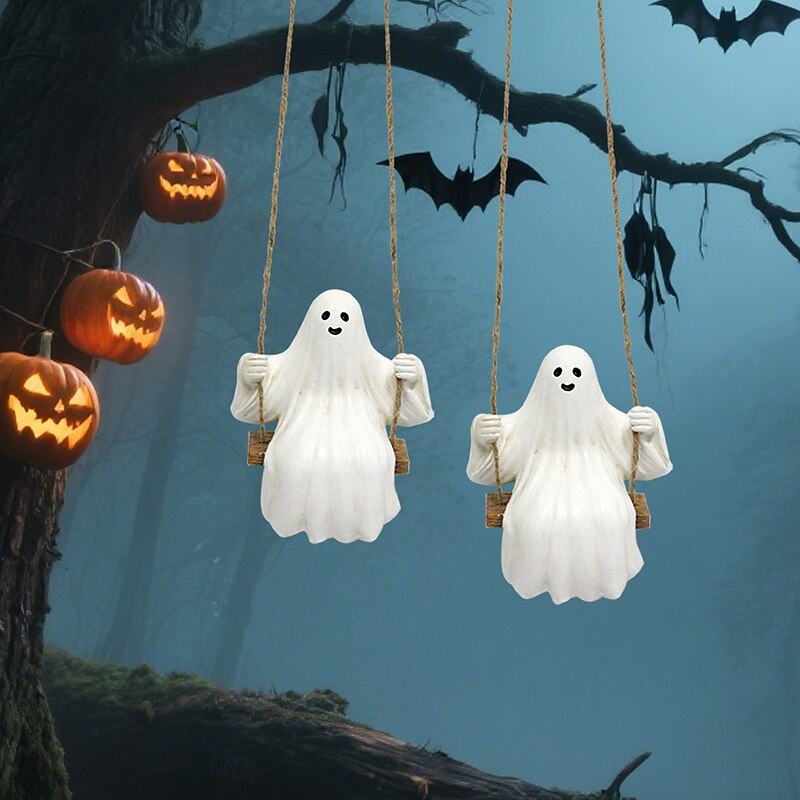 2PCS Halloween Resin Swinging Cute Ghost Decoration Hanging Ornaments, Spooky Outdoor Yard, Planter, Balcony, and Tree Decorations for Halloween2