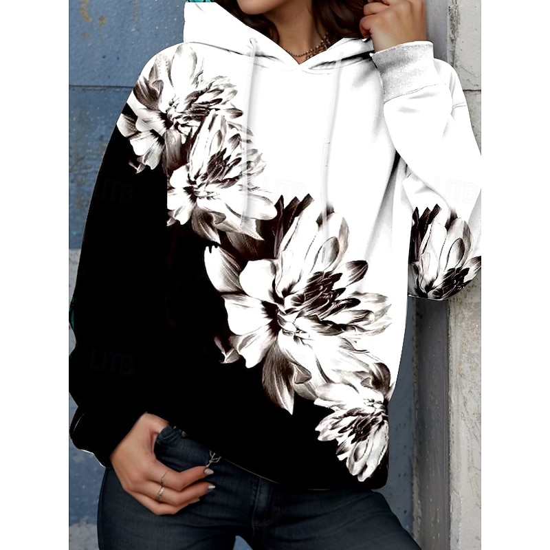 Women's Hoodie Pullover Sweatshirt Oversized Long Sleeve Casual Graphic Floral Color Block Warm Active Hooded Regular Tops Street Dailywear Drawstring Print Black Spring Fall Winter