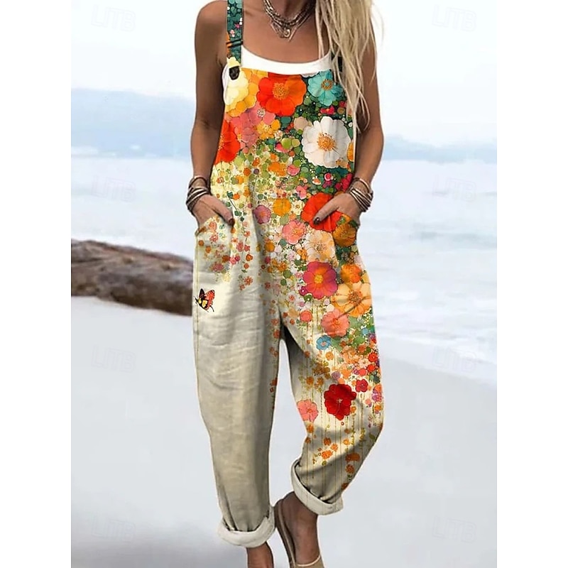 Women's Dungarees Active Floral Sleeveless Sleeveless Harem Pocket Buttons Vacation Street Loose Fit White Yellow Light Green Summer