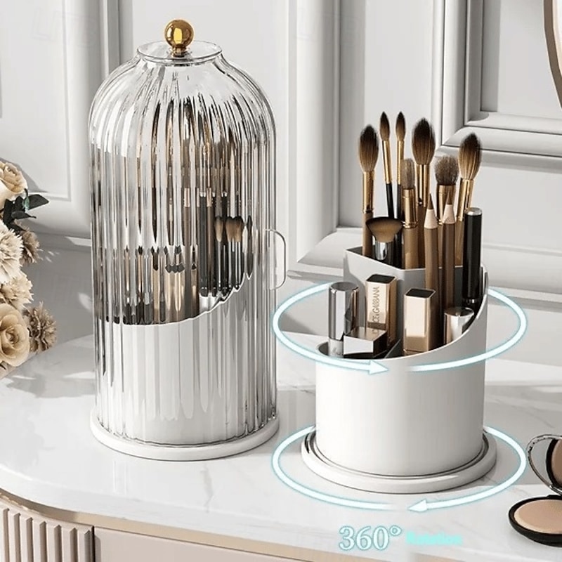 Makeup Brush Organizer Birdcage Design Dustproof Rotating Cosmetic Storage Box Desktop Divider Holder for Brushes Pens Tools Vanity Accessories