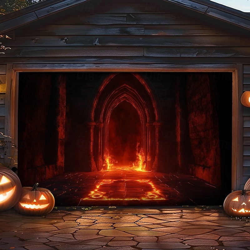 Halloween Garage Door Cover Banner Backdrop – Hellfire Portal with Fiery Flames, Oversized for Garage Door, Photo-Ready Haunted Decoration for 2025 Halloween Home Front Yard
