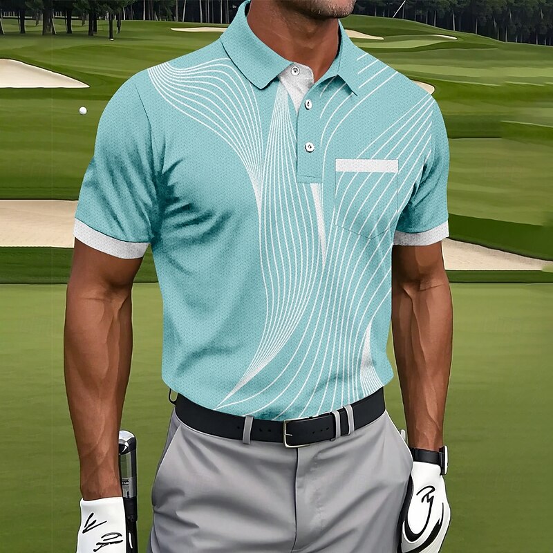 Men's Geometic Line Polo Sports Polo Shirts Short Sleeve Polo Shirts Collared Shirts Sportswear Casual Outdoor Athleisure Daily Wear Pocket 3D Print Buttons Summer Blue Brown Green2
