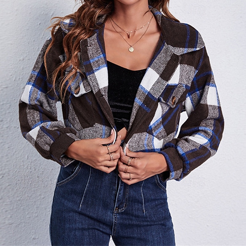 Women's Shirt Jacket Shacket Warm Comfortable Pocket Print Fashion Outdoor Plaid Going out Weekend Regular Turndown Regular Fit Long Sleeve Outerwear Black Fall Winter