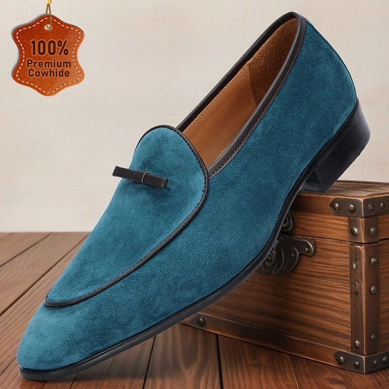 Men's Teal Suede Leather Loafers with Minimalist Strap Design for Daily Commute, Business Casual and Weekend Outings