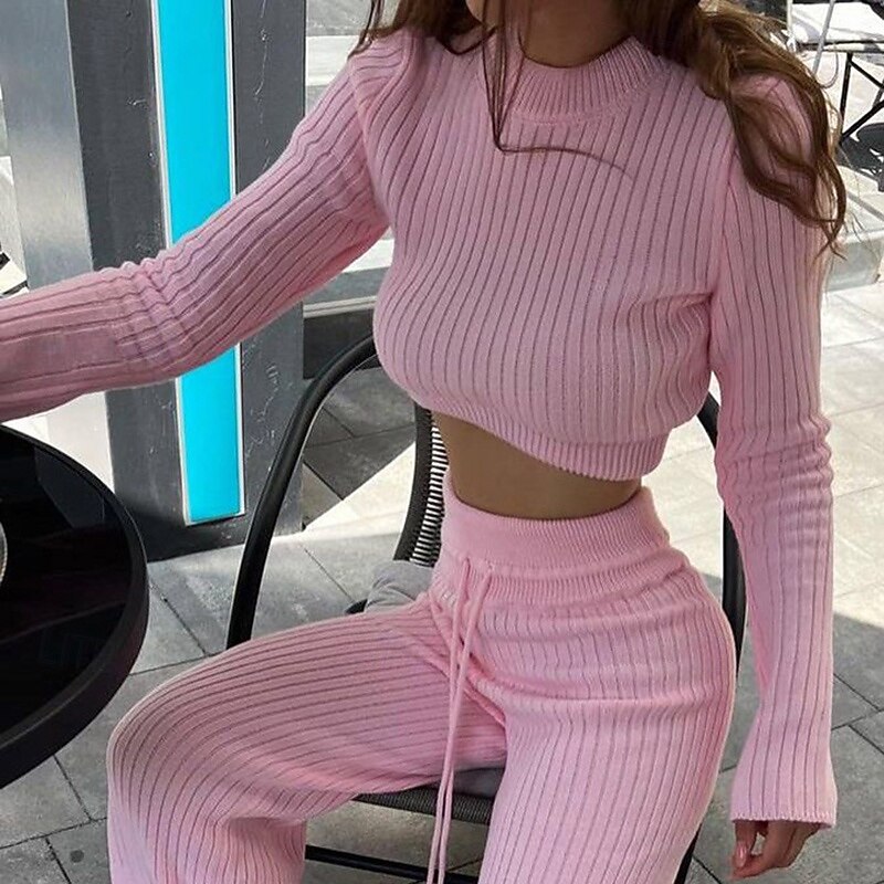 Women's Knitted Suit Sports Leisure Suits Drawstring Solid Colored Clothing Suit Spring Black Light Pink Gym Training Running High Waist Windproof Lightweight Moisture Wicking Long Sleeve Sport