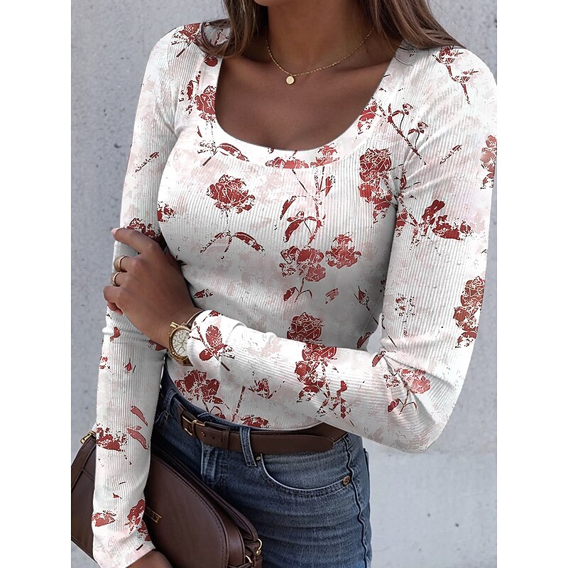 Women's T shirt Long Sleeve Ribbed Graphic Square Neck Long Sleeve Casual Floral Regular Tops Daily Print Red Blue Purple Green Spring Fall Prefall4