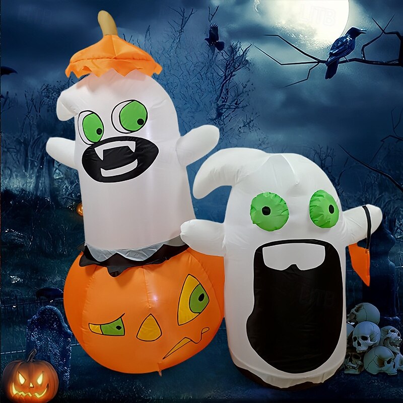 5 FT Tall Halloween Inflatable Sneaking Naughty Ghost With Pumpkin Cap And Gift Bag, Blow Up Inflatable With Build-In LED For Halloween Party Indoor, Outdoor, Yard, Garden Decoration