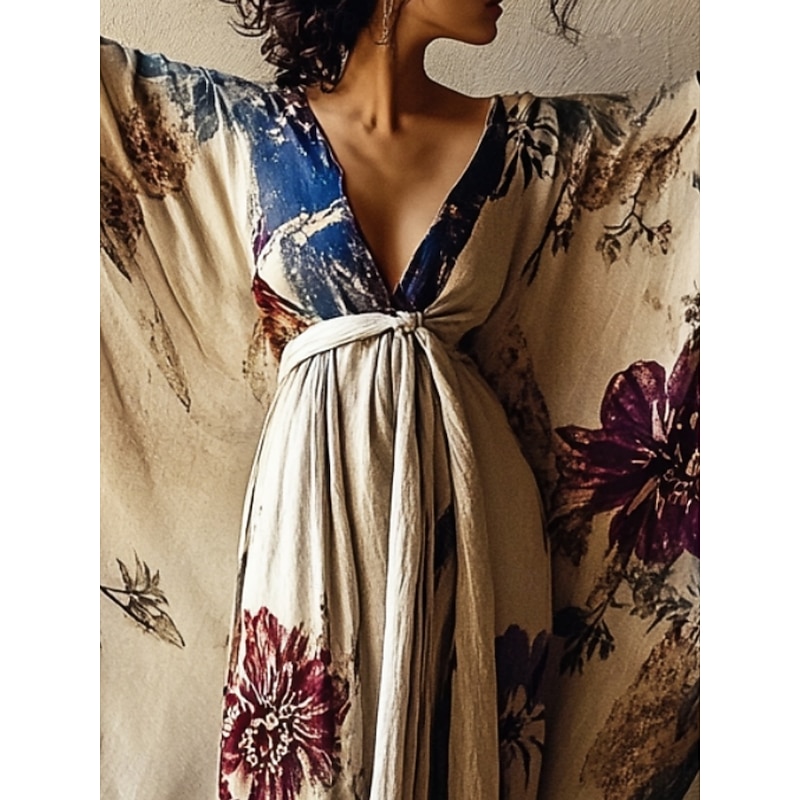 Women's Long Dress Maxi Dress Boho Dress Casual Dress Swing Dress Summer Dress Vintage Vacation Daily Beach Regular Fit Floral 3/4 Length Sleeve V Neck Khaki Summer Spring Fall2