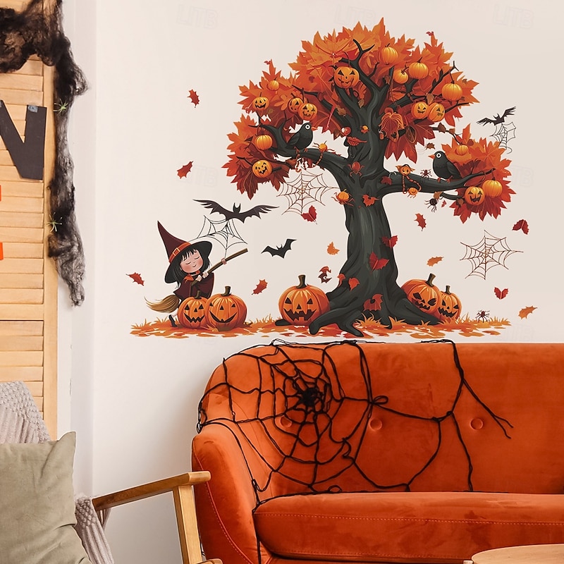 Halloween Cartoon Witch Pumpkin Tree Bat Wall Decals, Self-Adhesive Stickers for Living Room Background Wall, Cute Halloween Wall Decor for Home or Party