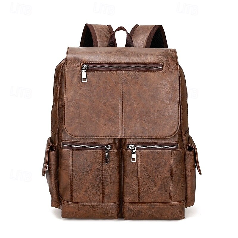 Men's Vintage Brown Faux Leather Backpack with Multi-Zipper Pockets, Large Capacity Travel and Laptop Bag for Work, School, and Casual Daily Use
