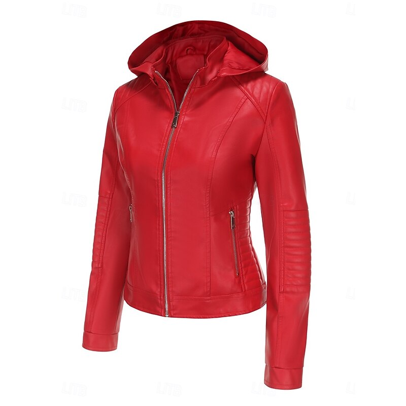 Women's Faux Leather Jacket Casual Jacket Comfortable Breathable Zipper Pocket Casual Plain Vacation Street Casual Daily Wear Zipper Short Hooded Regular Fit Long Sleeve Outerwear Red Camel Coffee3