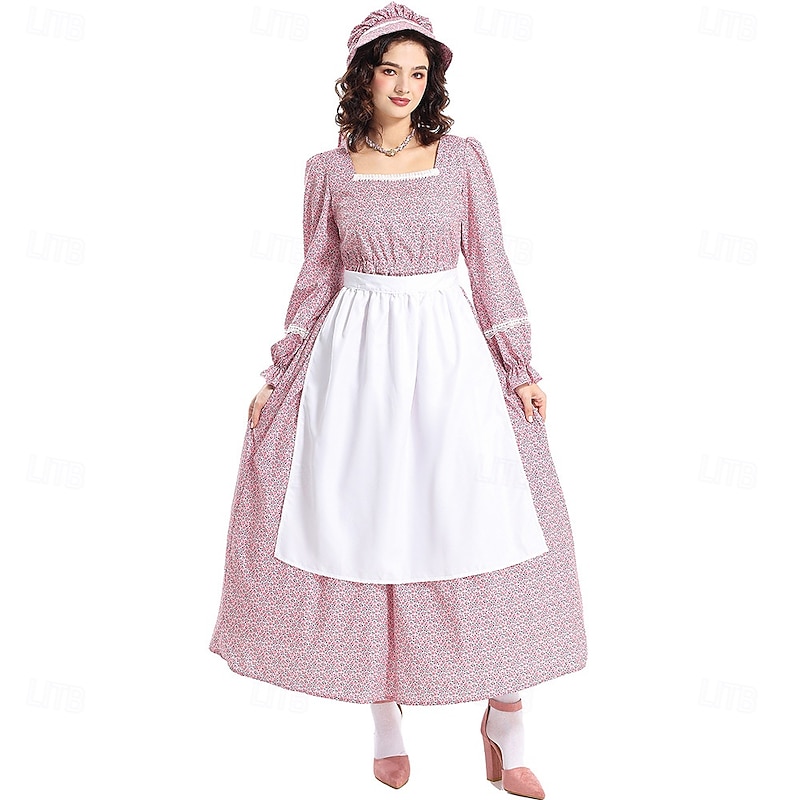 19th Century 1800s Old West Cosplay Costume Prairie Dress Bonnet and Apron Set Pioneer Floral Fancy Dress Women's Halloween Carnival World Book Day School Event Dress Up Historical reenactment Adults'4