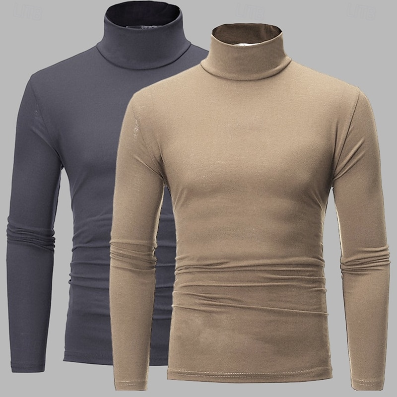 2Pcs Men's Turtleneck T Shirt Long Sleeve Shirt Long Sleeve Turtleneck Rolled collar Fall Fall & Winter Plain Lightweight Basic Classic 2 Piece Outdoor Casual Sports Tee3