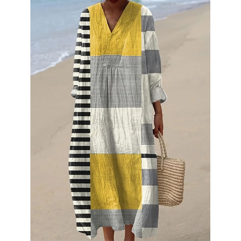 Women's Midi Dress V Neck Long Sleeve Kaftan Lightweight Loose Fit A Line Dress Casual Boho Going out Graphic Geometric Stripe Long Sleeve V Neck Black Yellow Light Green Red Fall3