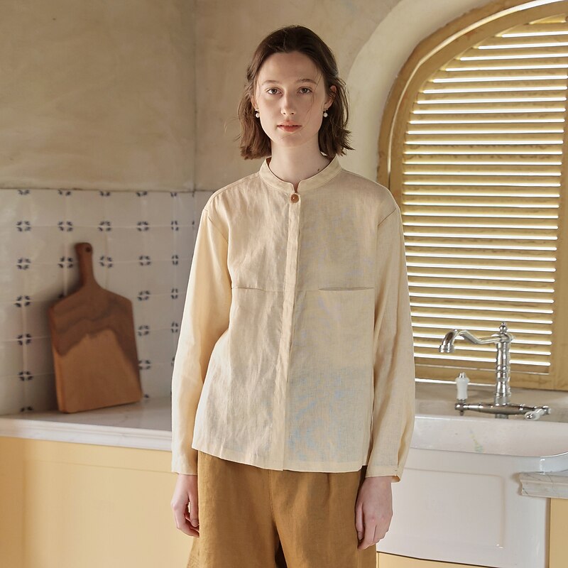 Women's 100% Linen Shirt Solid Color Plain Elegant Vintage Daily Long Sleeve High Neck Regular Tops Work Daily Holiday Pocket Black White Apricot Summer Spring Fall3