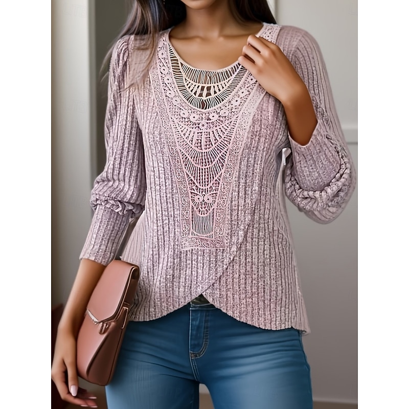 Women's Lace Shirt Solid Color Stylish Casual Long Sleeve Crew Neck Regular Tops Daily Lace Patchwork Pink Blue Gray Summer Spring Fall