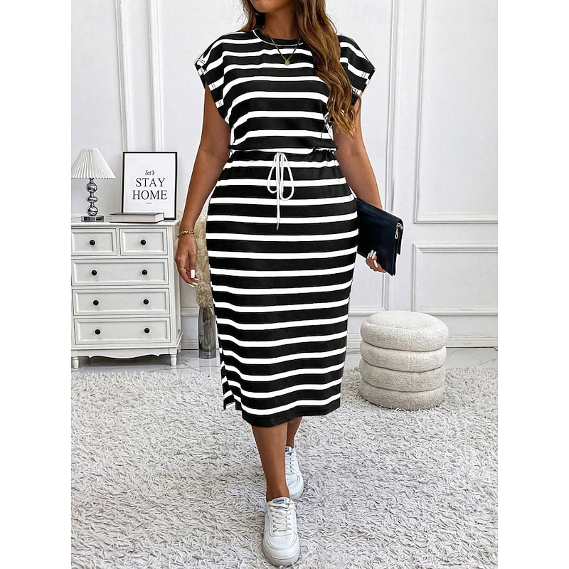 Women's Plus Size Casual Dress Striped V Neck Short Sleeve Summer Spring Fashion Modern Casual Midi Dress Daily Holiday Dress