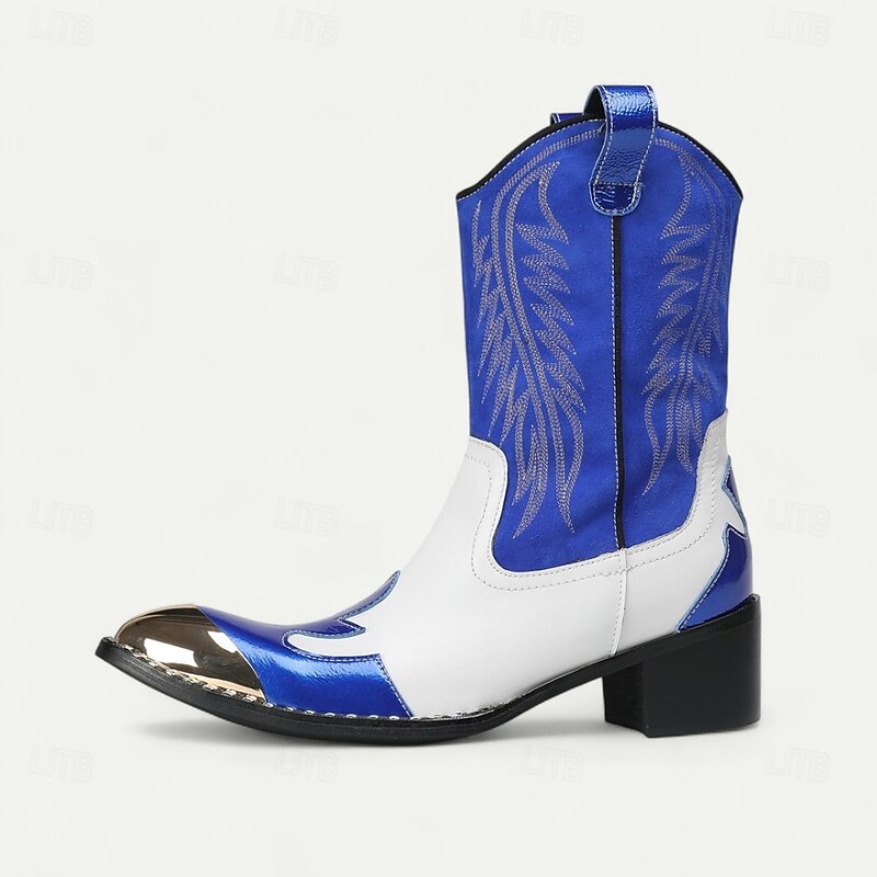 Men's Blue and White Cowhide Leather Cowboy Boots with Flame Stitching and Metal Toe, Statement Western Footwear for Festivals, Stage Shows and Themed Parties2