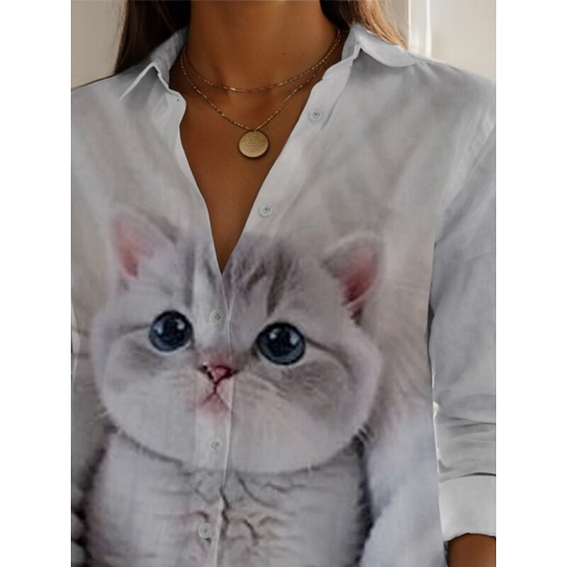 Women's Shirt Cat Active Daily Stylish Long Sleeve Shirt Collar Regular Tops Daily Holiday Buttons Print Gray Spring Fall2